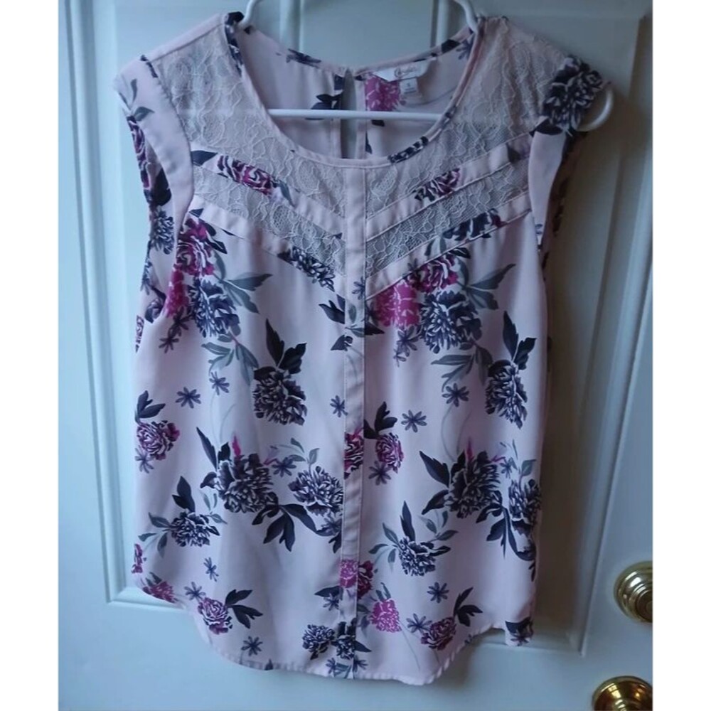 Lace Yoke Floral Sleeveless Camisole Women's Small Pink
